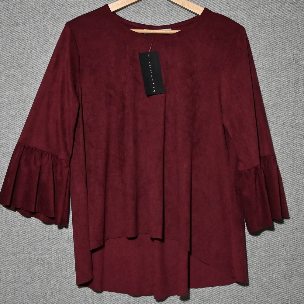 Bryn Walker Bell Sleeve Top Womens Faux Suede High-Low USA S Burgundy
